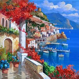 Gemälde, Amalfi in bloom square version - Italy painting, Vincenzo Somma