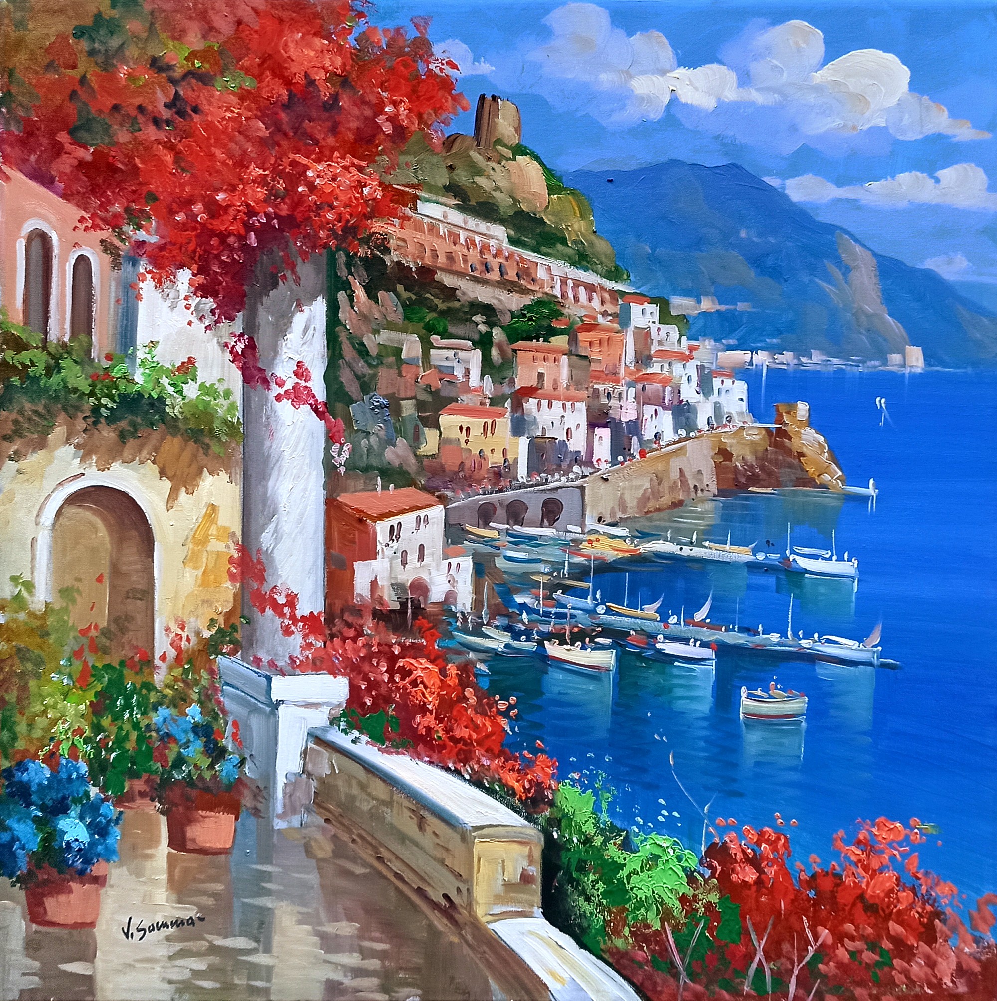 Vincenzo Somma, Amalfi in bloom square version - Italy painting Vincenzo Somma, Amalfi in bloom square version - Italy painting