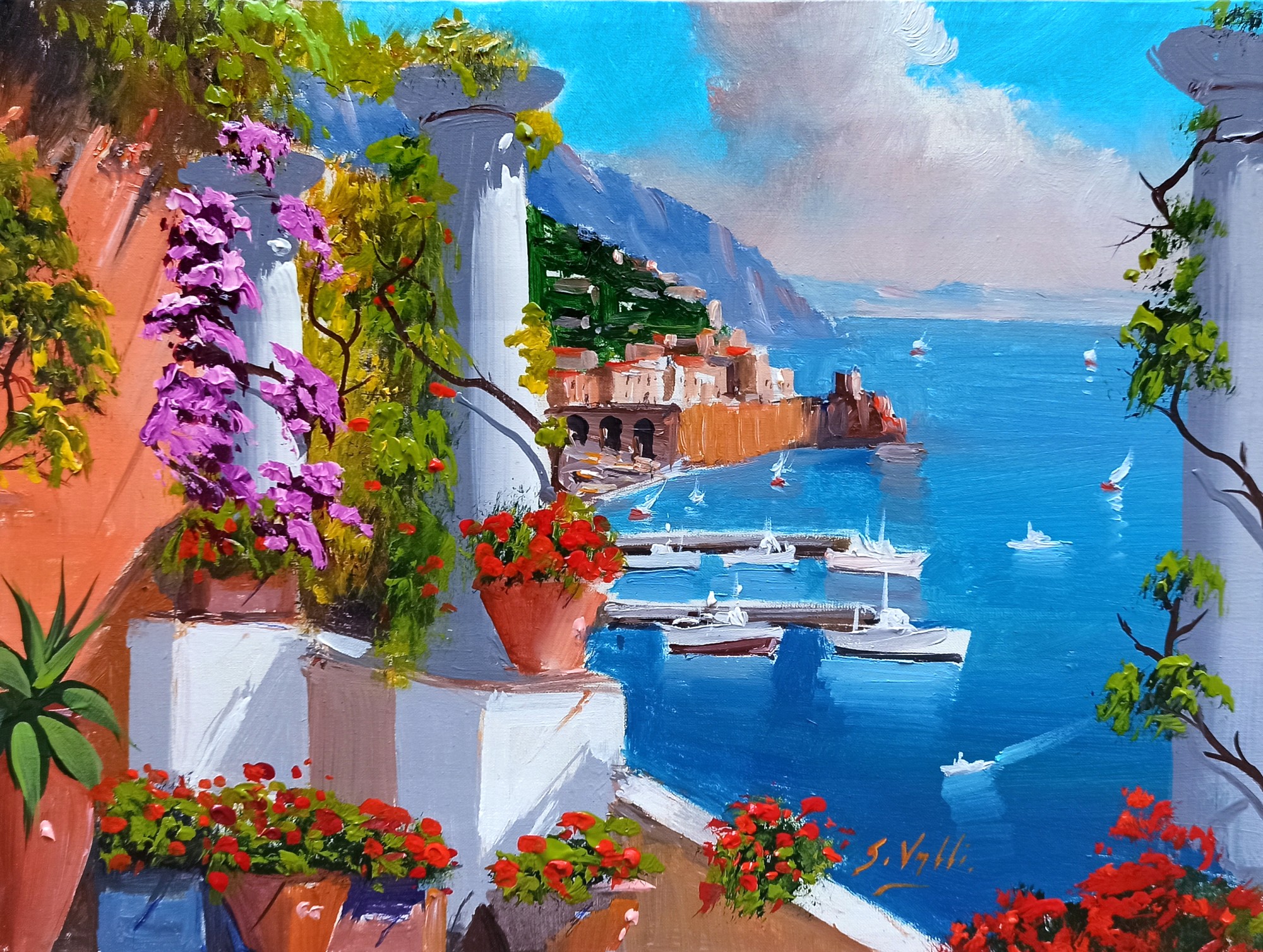 Silvio Valli, Seaside with flowers - Amalfi painting & frame Silvio Valli, Seaside with flowers - Amalfi painting & frame
