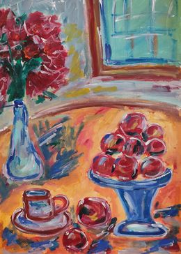 Painting, Red apples, red flowers and a cup of coffee, Natalya Mougenot