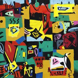 Peinture, Bleu - Composition graphique et symbolique semi-abstrait, Hervé Jonas