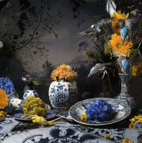 Print, Dutch still life with Delftblue, sunflowers and parrots, Hans Withoos