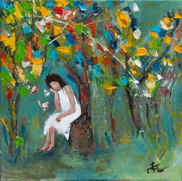 Gemälde, Pensive - Portrait scène poétique semi figurative, Béatrice Madelenat