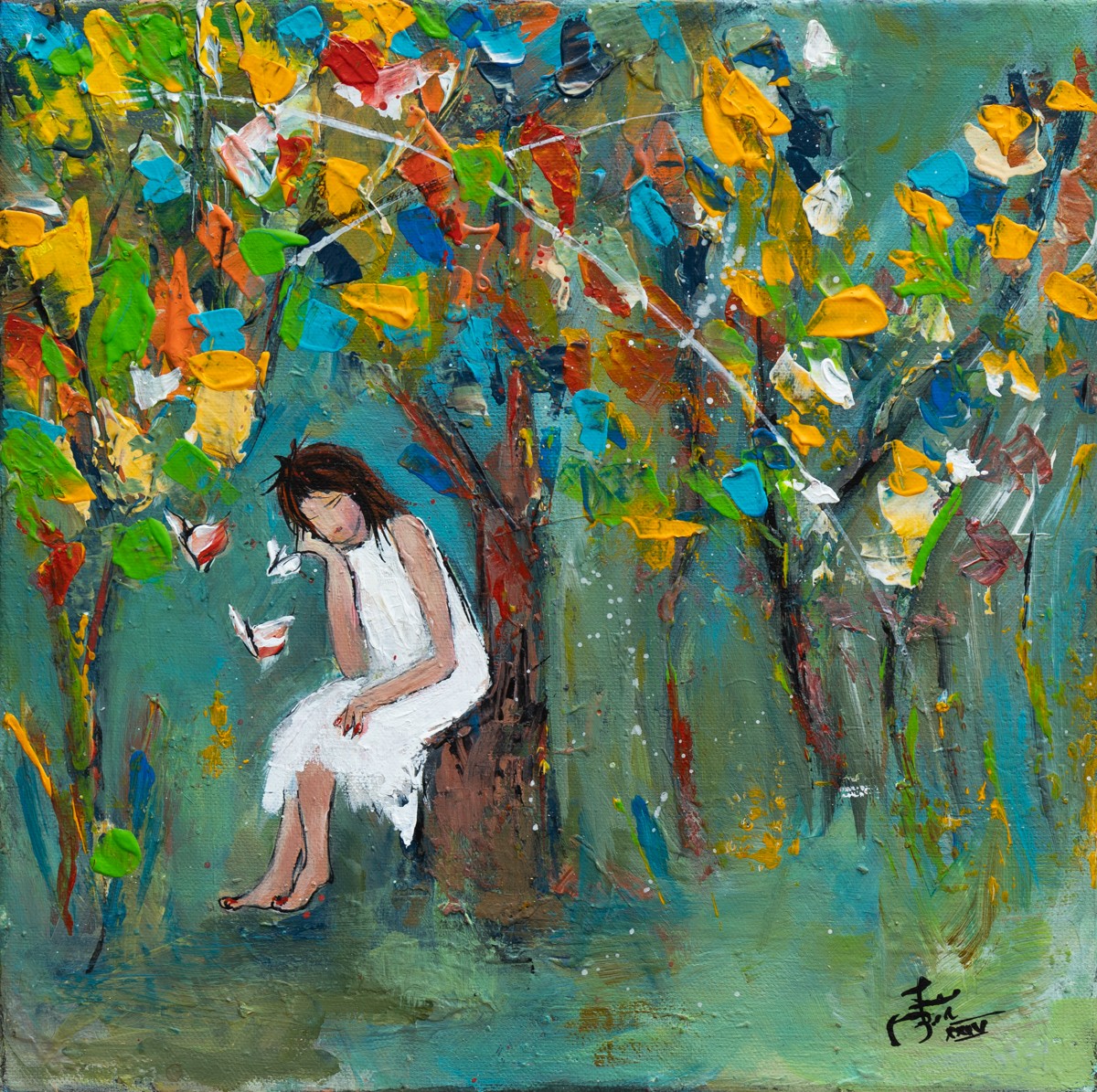 Béatrice Madelenat, Pensive - Portrait scène poétique semi figurative Béatrice Madelenat, Pensive - Portrait scène poétique semi figurative