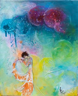 Gemälde, Pluie de couleurs - Portrait scène poétique semi figurative, Béatrice Madelenat