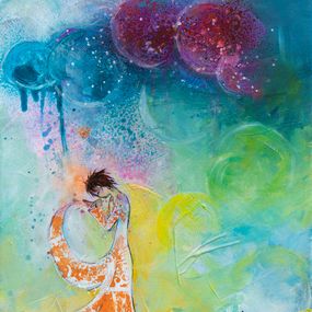 Gemälde, Pluie de couleurs - Portrait scène poétique semi figurative, Béatrice Madelenat