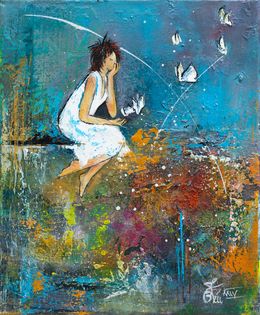 Peinture, L'envol - Portrait scène poétique semi figurative, Béatrice Madelenat