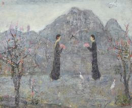 Painting, Fleur de pêcher, éventail rouge, Jia Juanli
