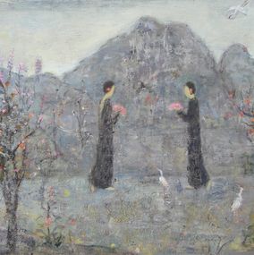 Gemälde, Fleur de pêcher, éventail rouge, Jia Juanli