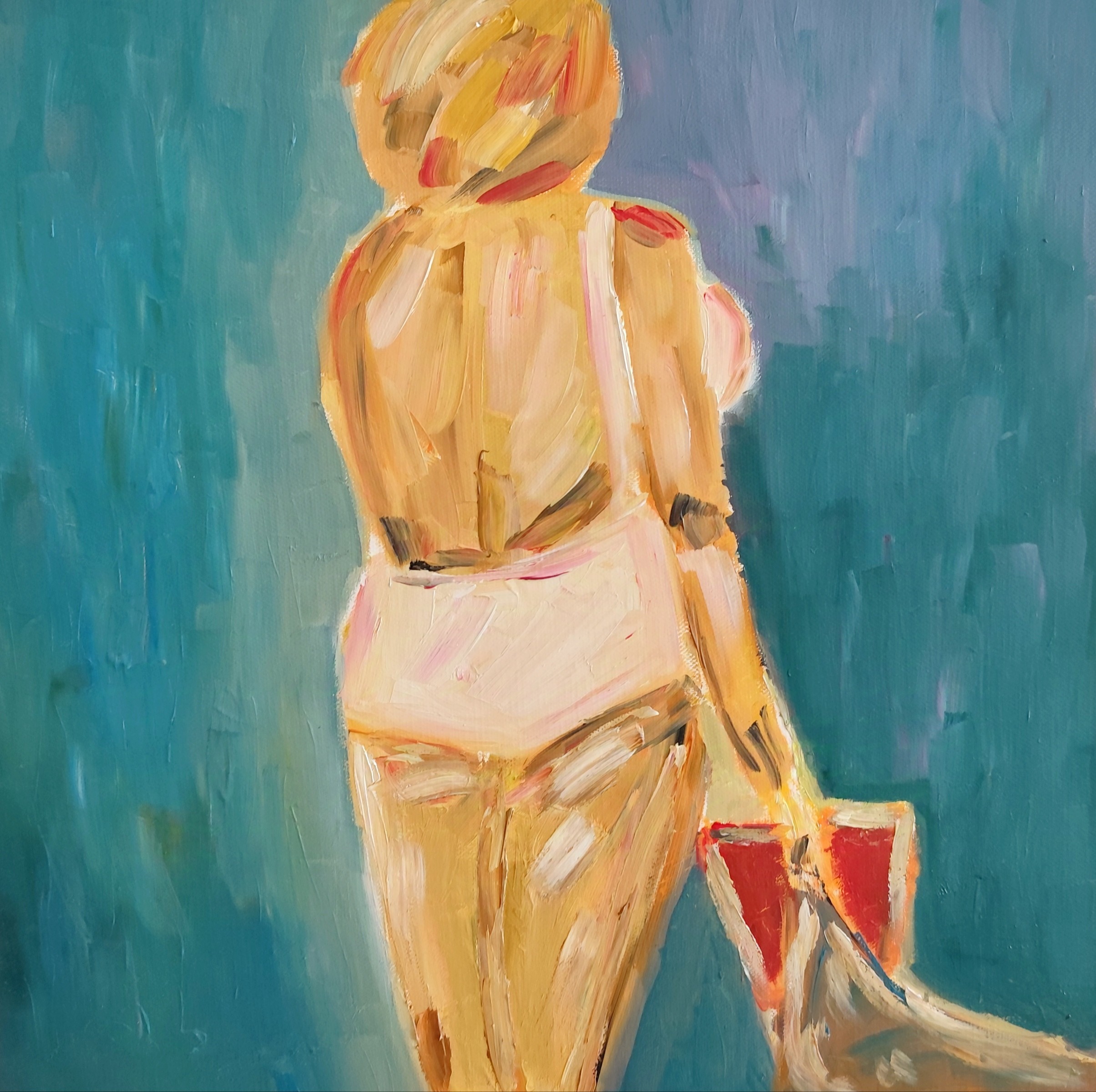 Natalya Mougenot, Blond woman with her red tote beach bag Natalya Mougenot, Blond woman with her red tote beach bag