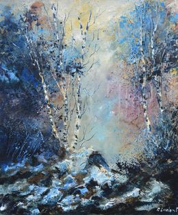 Painting, Aspen trees in the mist, Pol Ledent