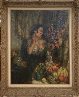 Gemälde, Femme à une table avec des fleurs et des fruits, Bram van Velde