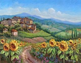 Gemälde, The sunflowers road - Tuscany landscape painting, Domenico Ronca