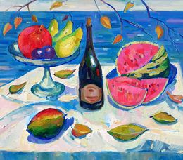 Painting, Still life with watermelon and mango, Peter Tovpev