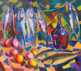 Painting, Fish, fruit and wine, Peter Tovpev