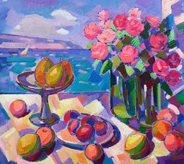 Painting, Roses and fruits on the shore, Peter Tovpev
