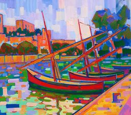 Gemälde, Boats at the pier, Peter Tovpev