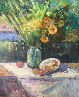Gemälde, Flowers and fruits on the table, Peter Tovpev