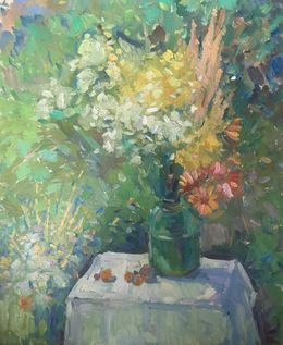Gemälde, Flowers and fruits on the table, Peter Tovpev