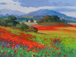 Gemälde, Countryside with flowers . Tuscany landscape painting, Andrea Borella