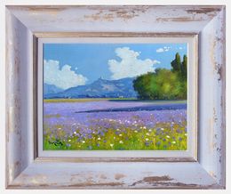 Gemälde, Lavender blooming - Tuscany landscape painting & frame, Andrea Borella