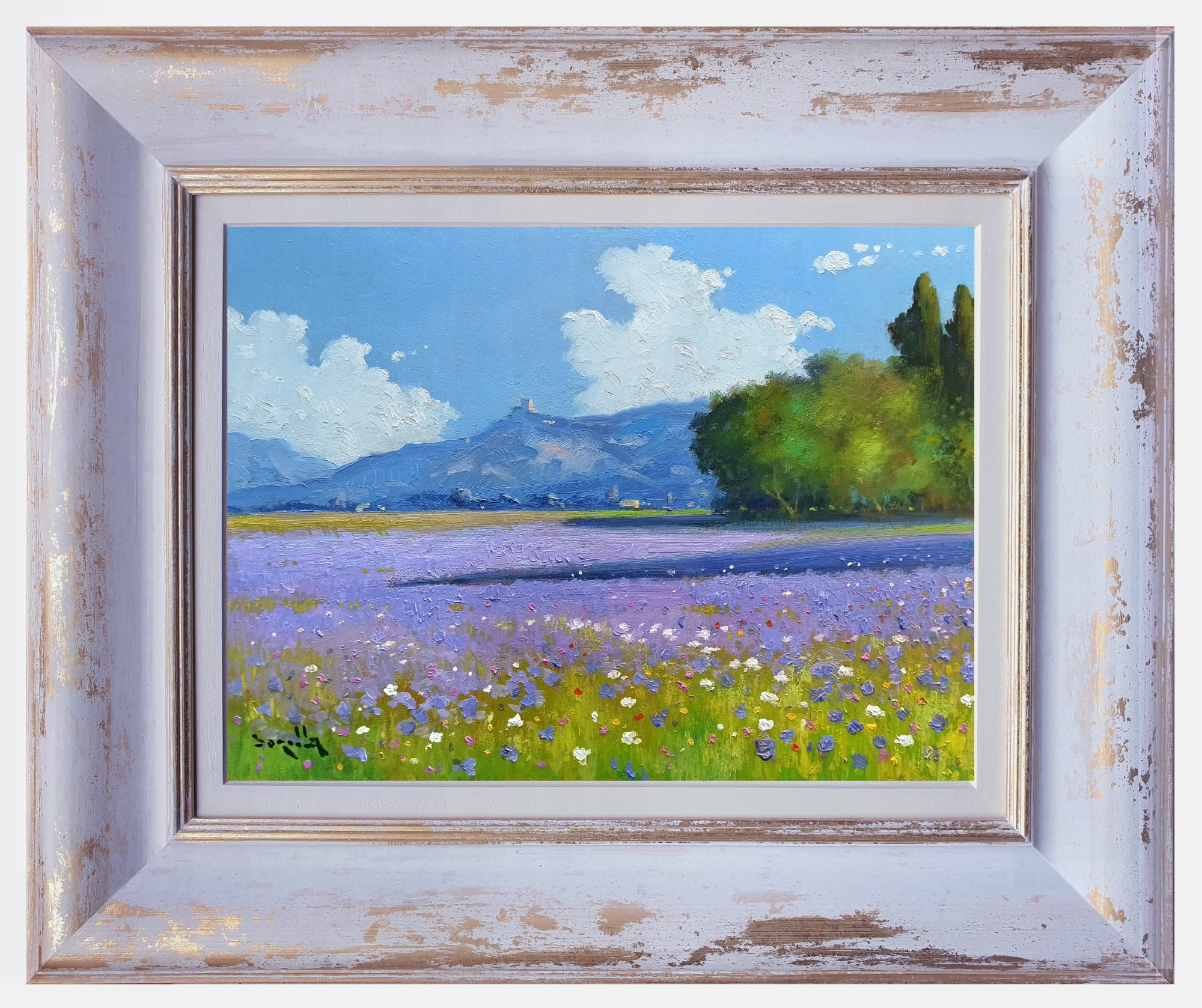 Andrea Borella, Lavender blooming - Tuscany landscape painting & frame Andrea Borella, Lavender blooming - Tuscany landscape painting & frame