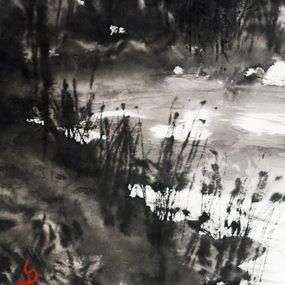 Painting, Les Marais de la Brière - Paysage de Loire Atlantique à l'encre de chine, Gilt - Gilles Thiebault