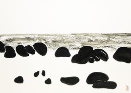Painting, Mer et rochers - Paysage marin à l'encre de chine, Gilt - Gilles Thiebault