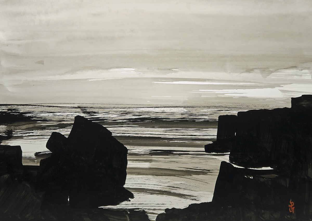 Gilt - Gilles Thiebault, Mer et rochers - Paysage marin à l'encre de chine Gilt - Gilles Thiebault, Mer et rochers - Paysage marin à l'encre de chine