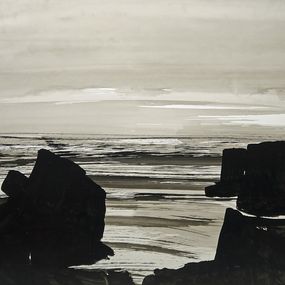 Painting, Mer et rochers - Paysage marin à l'encre de chine, Gilt - Gilles Thiebault