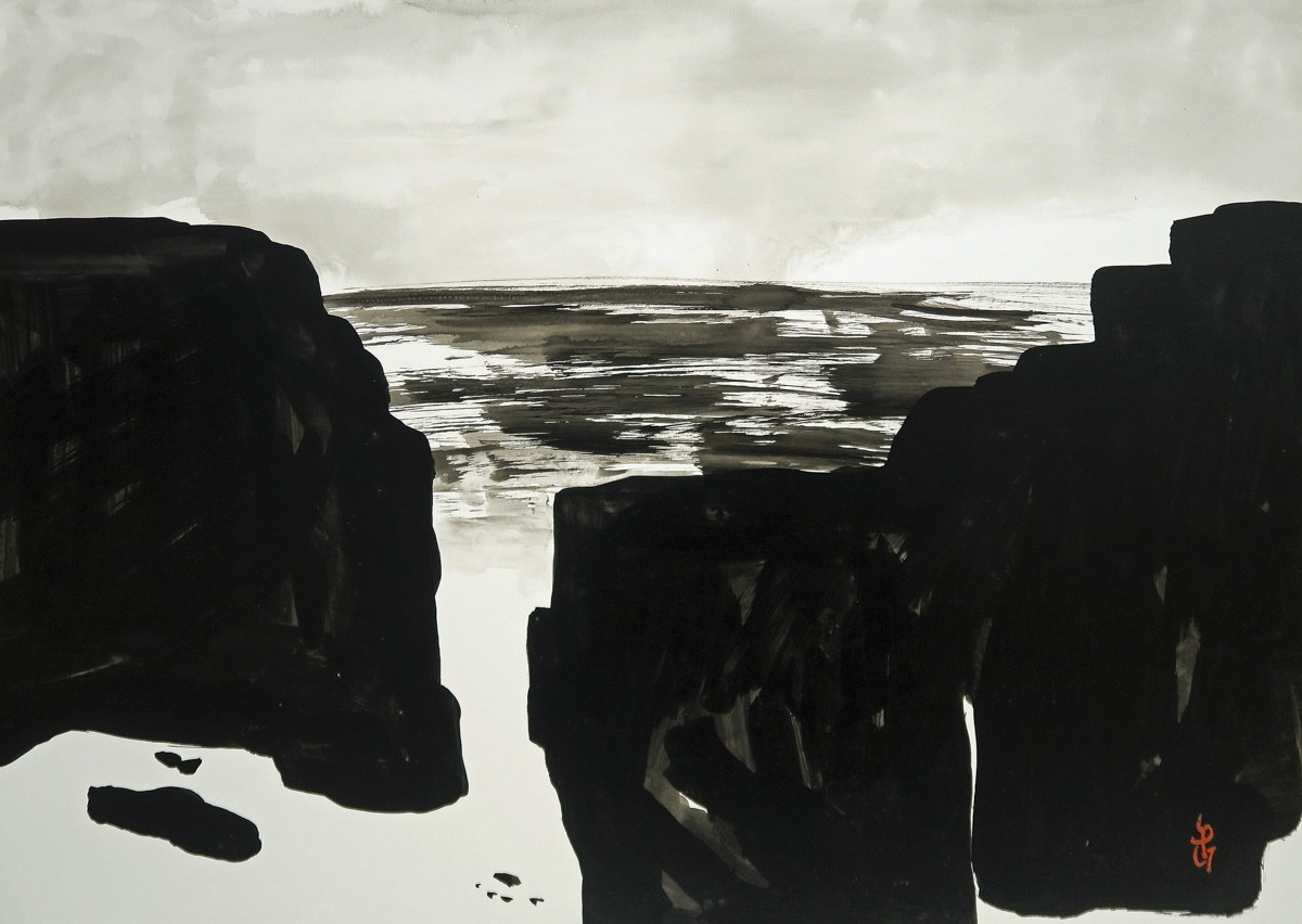 Gilt - Gilles Thiebault, Mer et rochers - Paysage marin à l'encre de chine Gilt - Gilles Thiebault, Mer et rochers - Paysage marin à l'encre de chine