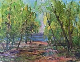 Painting, Green trees by the river, Peter Tovpev