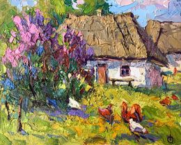 Painting, Chickens grazing in the yard, Oksana Ivanyuk