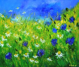 Painting, Blue cornflowers and daisies, Pol Ledent