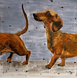 Painting, Portrait Dachshund - French school - Where is my body 02 Chut les Barbizons! NSWE, Bazévian Delacapucinière