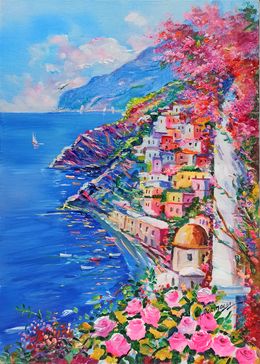 Gemälde, Vertical seaside with roses - Positano painting, Alfredo Grimaldi