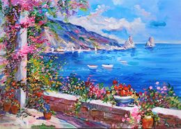 Gemälde, Flowery view on sea stacks - Capri painting, Alfredo Grimaldi