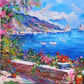 Peinture, Flowery view on sea stacks - Capri painting, Alfredo Grimaldi