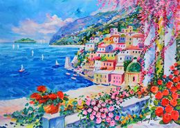 Gemälde, Horizontal seaside with roses - Positano painting, Alfredo Grimaldi