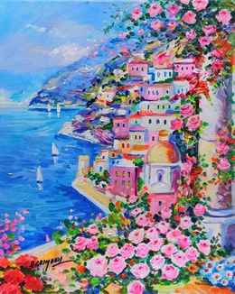Gemälde, Seaside with roses small version - Positano painting, Alfredo Grimaldi