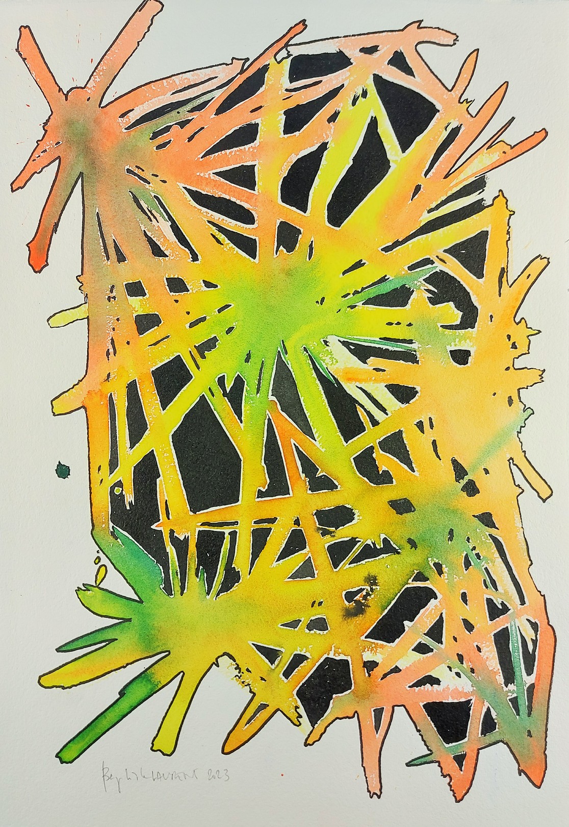 Baptiste Laurent, Explosion orange et vert sur fond noir Baptiste Laurent, Explosion orange et vert sur fond noir