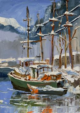 Gemälde, Winter Harbor with yachts, Schagen Vita