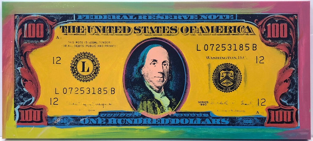 Steve Kaufman, One Hundred Dollar Bill (unique hand painted silkscreen on canvas) Steve Kaufman, One Hundred Dollar Bill (unique hand painted silkscreen on canvas)