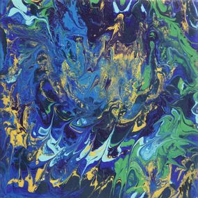 Painting, Abstract bleu, vert, or - Acrylique pouring, Marc Ivart dit MIV