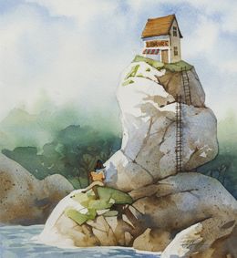 Gemälde, Le coin lecture de rocheciel - Paysage surréaliste, Franck Perrot