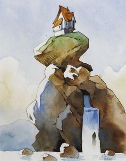 Painting, La source qui tombe du rocher - La maison perchée - série paysage imaginaire figuratif, Franck Perrot