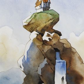 Gemälde, La source qui tombe du rocher - La maison perchée - série paysage imaginaire figuratif, Franck Perrot