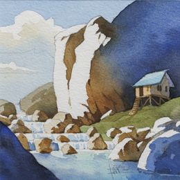 Gemälde, Rivière et silence de la pierre - série Paysage imaginaire figuratif, Franck Perrot