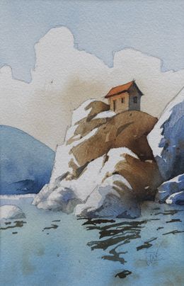 Gemälde, Bout de caillou - Maison perchée - série Paysage imaginaire figuratif, Franck Perrot