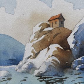 Gemälde, Bout de caillou - Maison perchée - série Paysage imaginaire figuratif, Franck Perrot